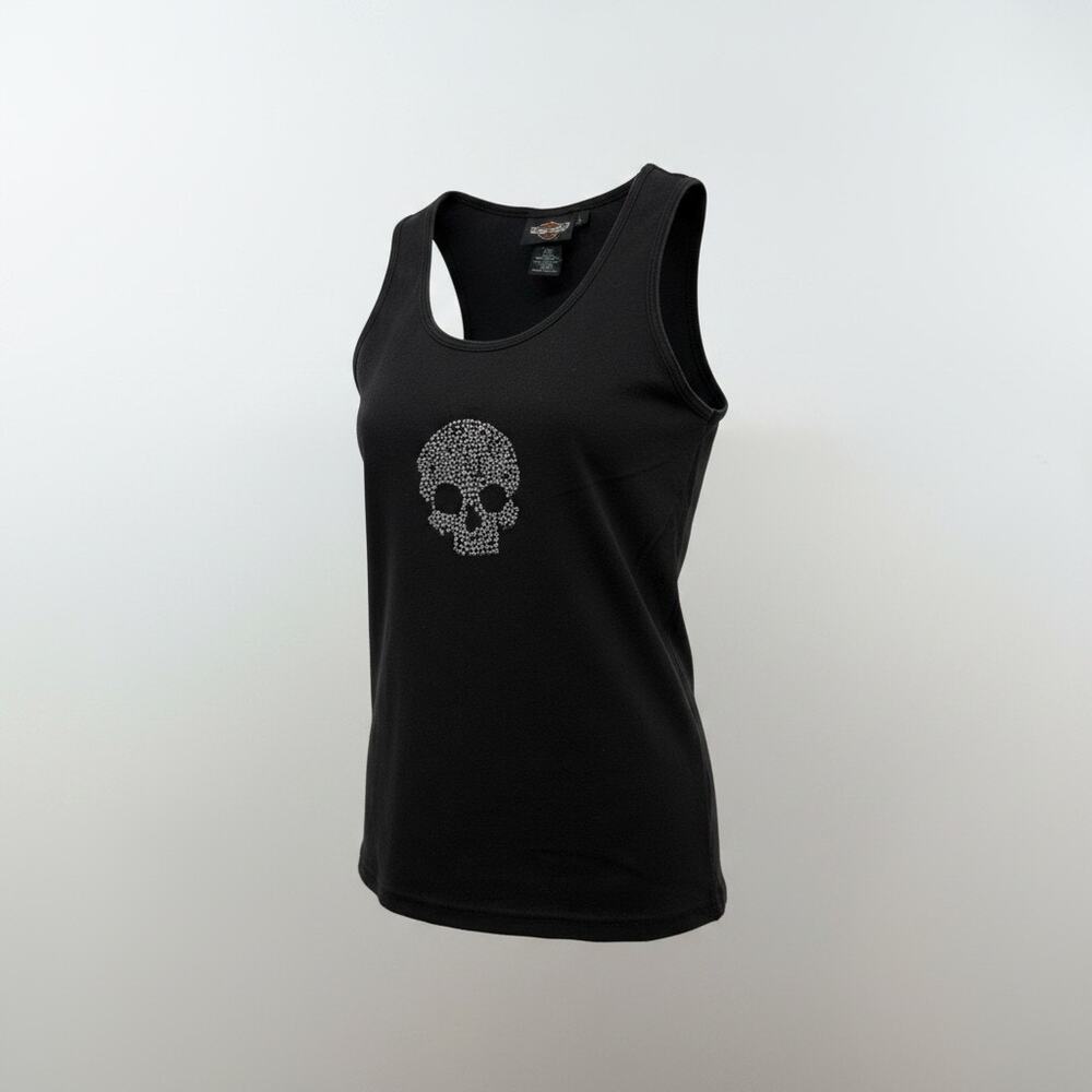 Vintage Y2K 2000s Harley Davidson Rhinestone Skull Tank Top Large Black Biker